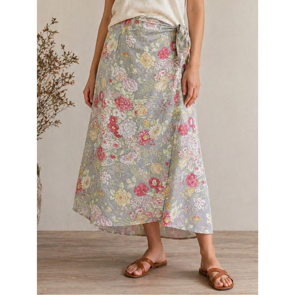 Vintage Lauren Ralph Lauren Floral Linen Wrap Skirt Gray Pink Yellow Sz 18W Midi